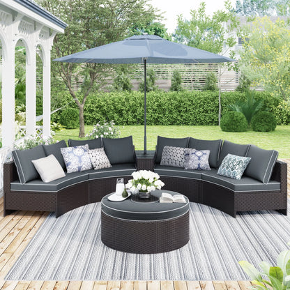 BTMWAY 6 Piece Outdoor Patio Sofa Furniture Set, BTMWAY PE Wicker Half Moon Outdoor Sectional Sofa Set with Side Table for Umbrella, Multifunctional Round Table, Gray Cushions, Pillows, Brown Rattan