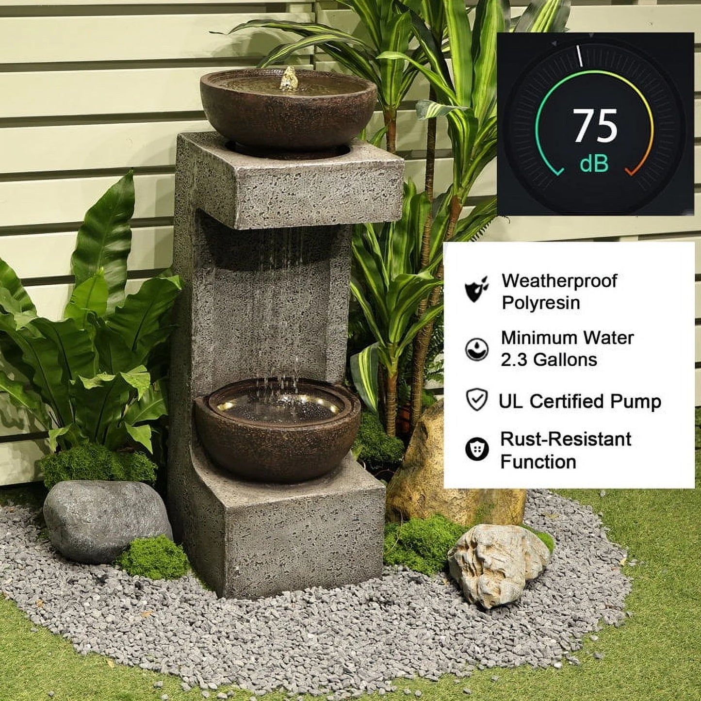 Water Fountain Modern Tiered Outdoor Fountain with Lights and Stone Planter for Garden, Patio, Backyard, Deck, Porch and Home Art Decor