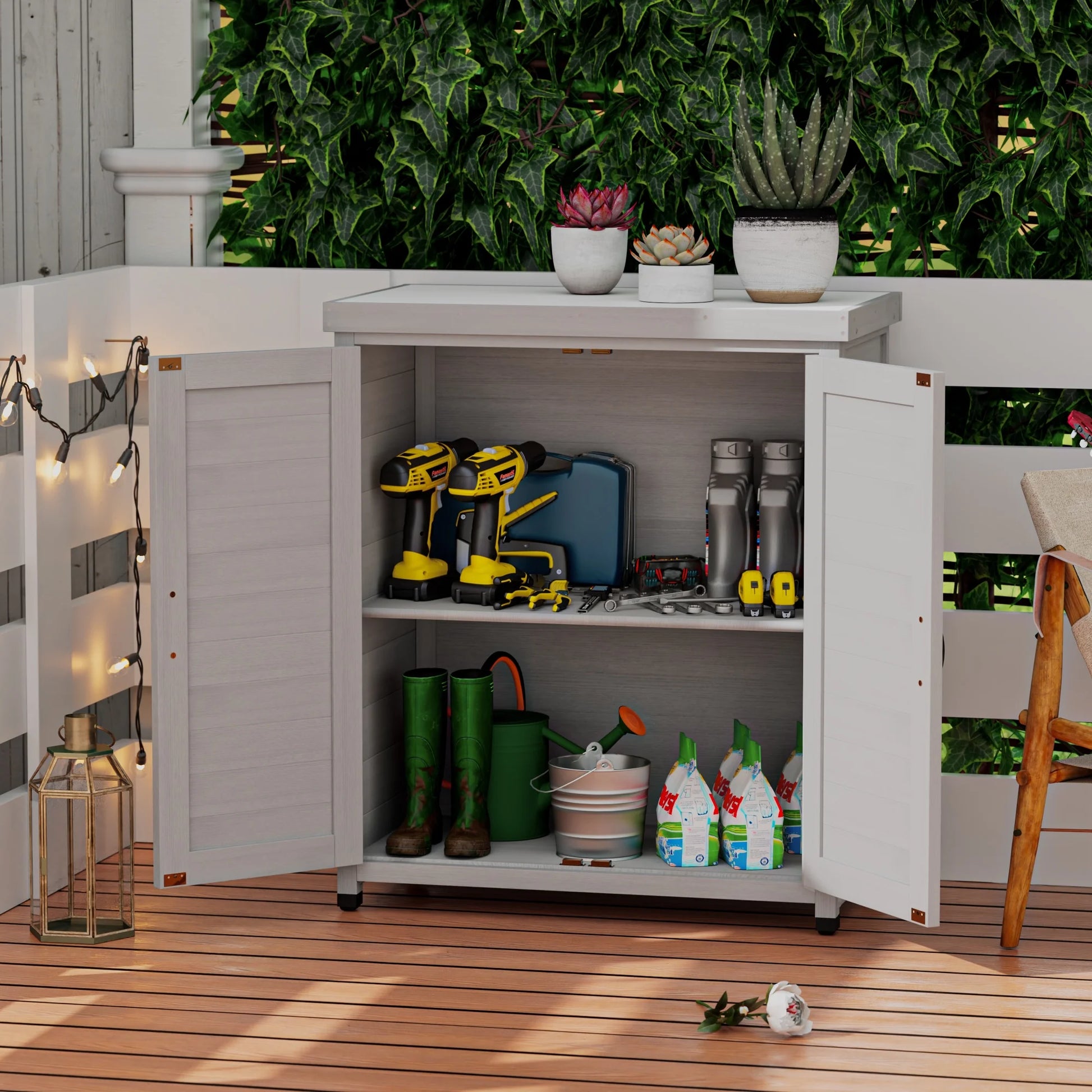 Tcbosik Outdoor Storage Cabinet & Potting Bench Table, Wooden Patio Furniture with Metal Top, Garden Workstation for Backyard, Lawn, Deck, Balcony, Gray
