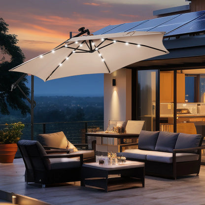 Ainfox 10ft Cantilever Patio Umbrella with Lights, Offset Market Umbrella with Sandbags Weighted Base and Cross Base,Khaki