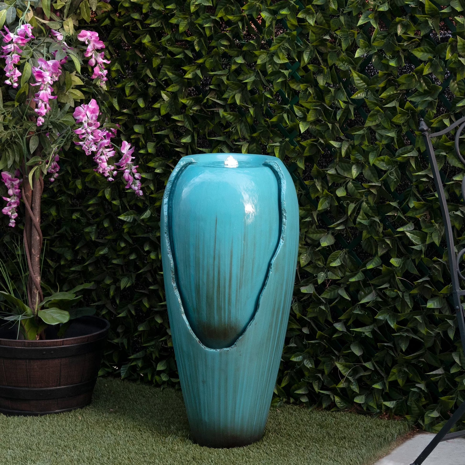 Alpine Corporation - 33" Tall Outdoor Antique Jar Water Fountain with LED Lights, Vintage Light Waterfall Relaxing Garden Fountain for Patio, Deck, or Yard (Turquoise)