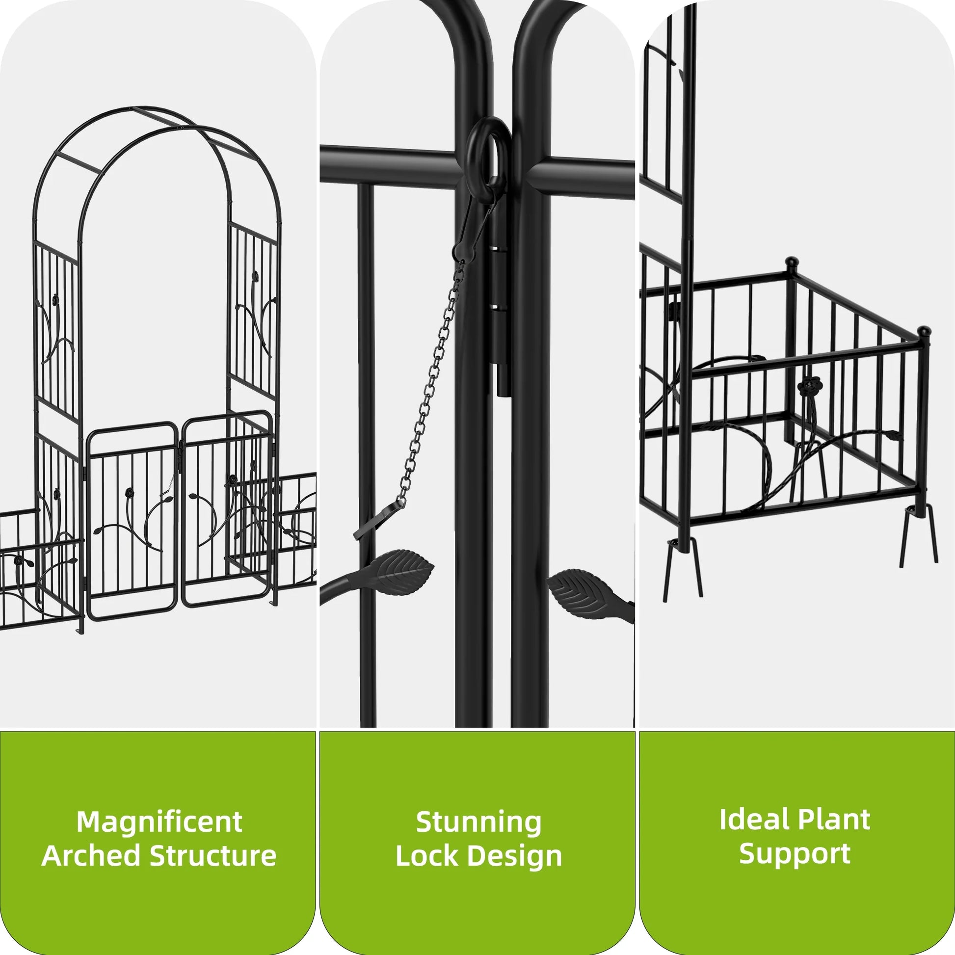 Uforic 87" Metal Garden Arbor Arch with Gate and Planter Boxes, Garden Trellis for Climbing Plants, Patio Wedding Party Lawn Arches Decoration, Black