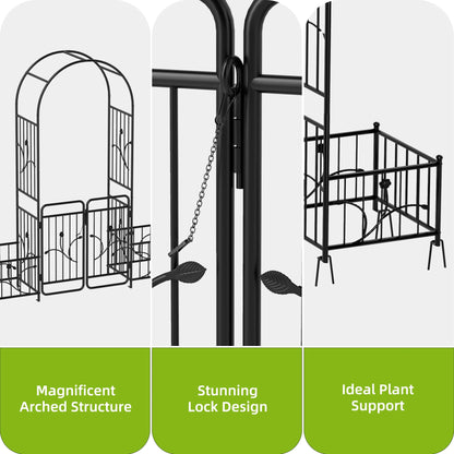 Uforic 87" Metal Garden Arbor Arch with Gate and Planter Boxes, Garden Trellis for Climbing Plants, Patio Wedding Party Lawn Arches Decoration, Black