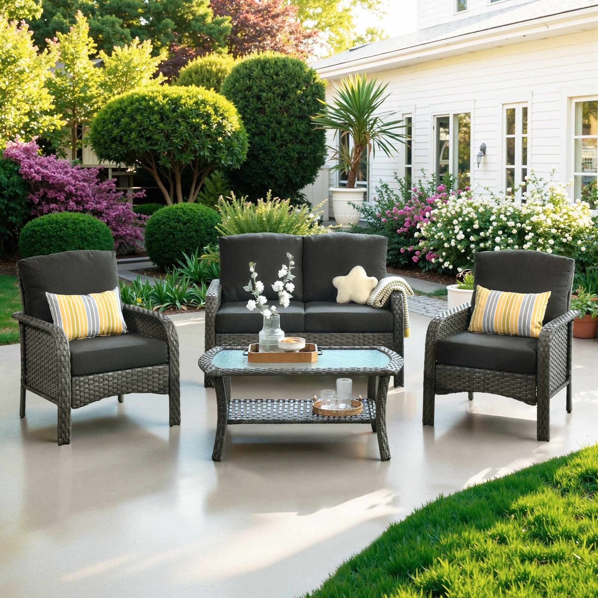 Ovios 4 Pieces Wicker Outdoor Patio Furniture with Coffee Table High Back All Weather Rattan Outdoor Sectional Conversation Set for Backyard Porch Garden, Denim Blue