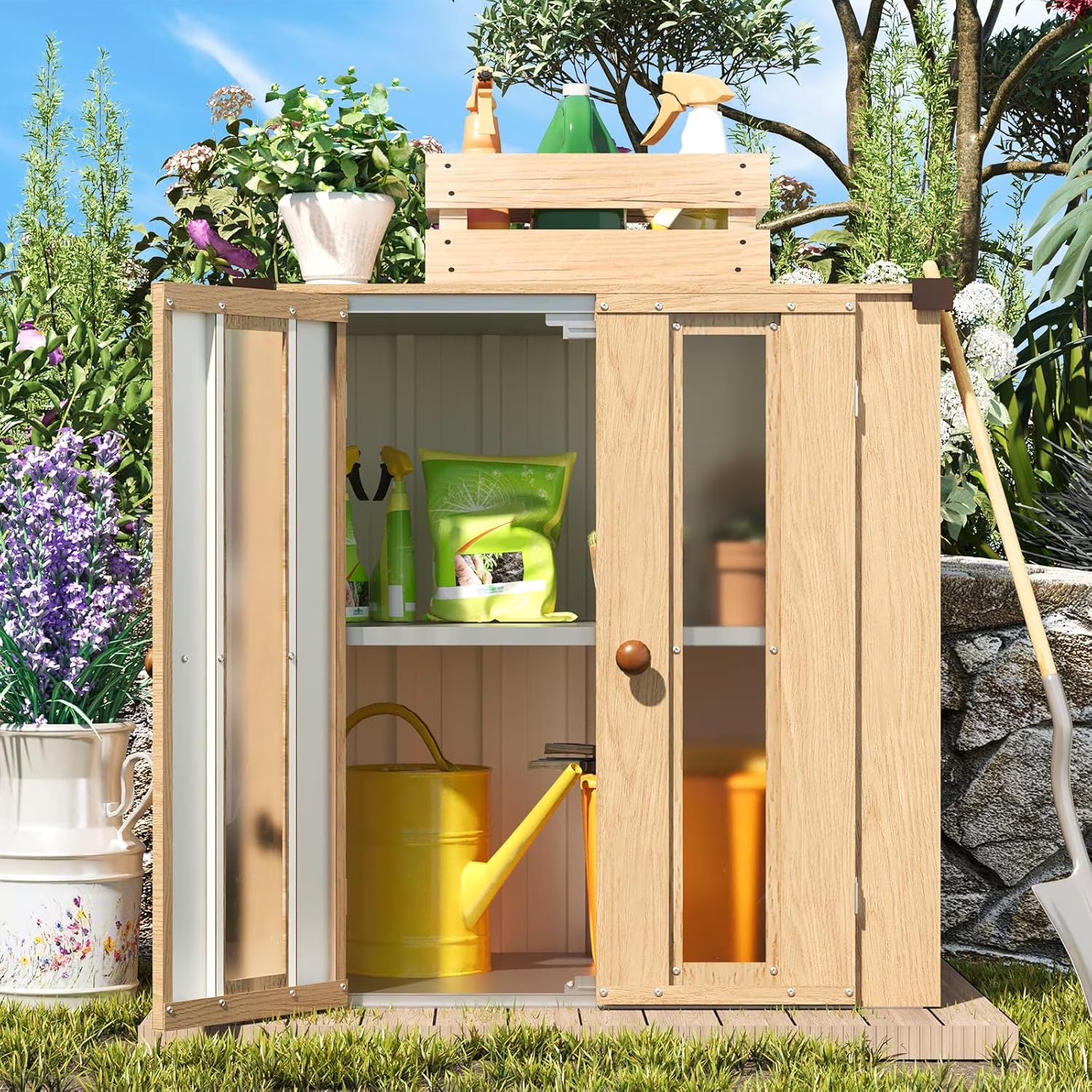 AECOJOY Small Outdoor Storage Cabinet Waterproof with Shelves, Deck Box, Vertical Garden Storage Sheds, Garden Sheds & Outdoor Storage Cabinet Weatherproof for Patio Wood Grain