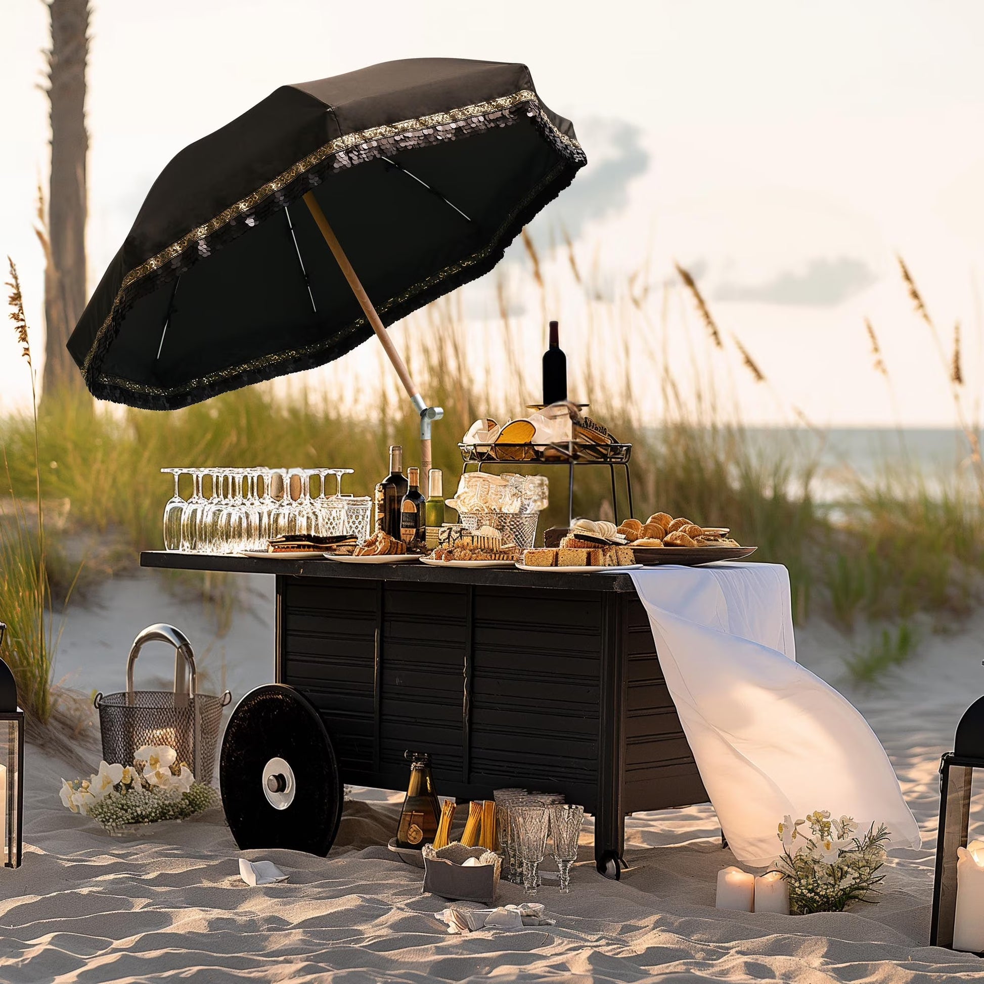 LAGarden 6 Ft Fringe Patio Umbrella with Tassel Jazz Age Wood UPF50+ for Outdoor, Beige with gold tassel,Model: JZ6-01