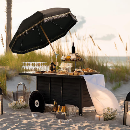 LAGarden 6 Ft Fringe Patio Umbrella with Tassel Jazz Age Wood UPF50+ for Outdoor, Beige with gold tassel,Model: JZ6-01