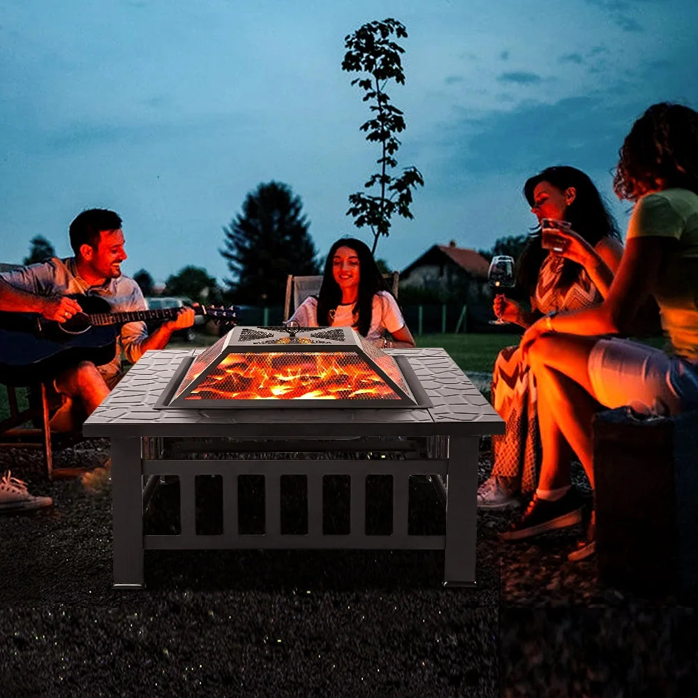 Wood Burning Fire Pits for Outside, 32" Square Iron Fire Pit Backyard Patio Garden Stove Wood Burning Fire Pit w/Mesh Screen Lid, Wood Grate, Poker, Durable Fire Pit, Q5946
