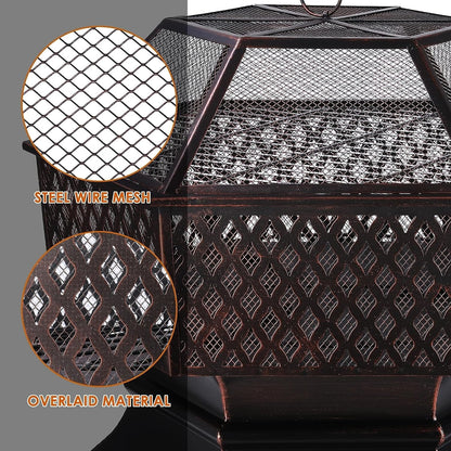 Arlopu 30'' Hex Shaped Steel Fire Pit for Outside, Wood Burning Fireplace Fire Bowl with Spark Screen & Fire Poker for Patio, Backyard, Camping