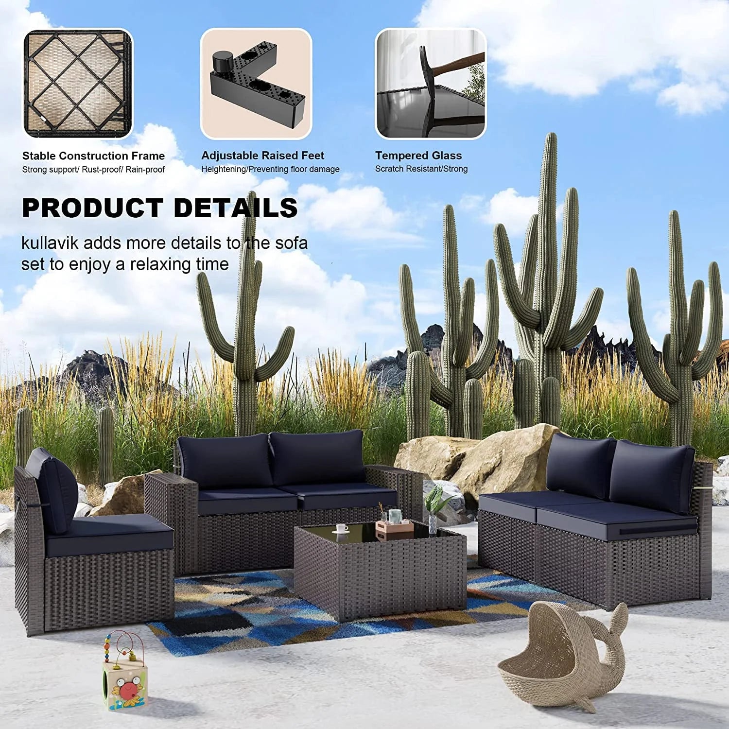 Gotland Outdoor Patio Furniture Set 6 Pieces Sectional Rattan Wicker Sofa Set Patio Conversation Set, Navy Blue