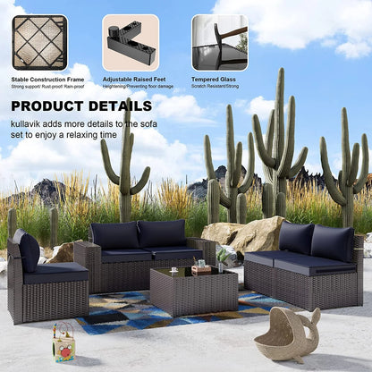 Gotland Outdoor Patio Furniture Set 6 Pieces Sectional Rattan Wicker Sofa Set Patio Conversation Set, Navy Blue