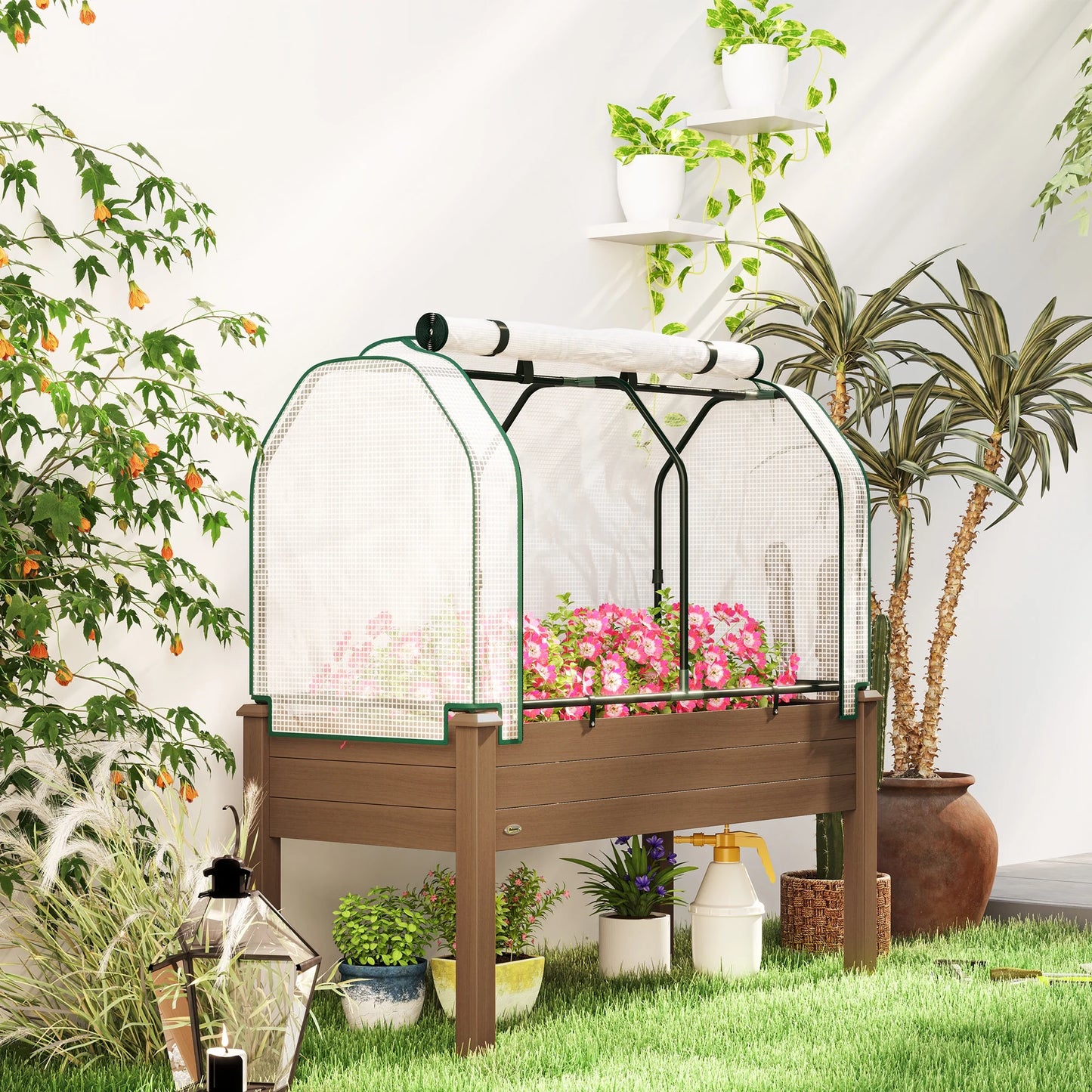 Outsunny Raised Garden Bed with PE Greenhouse Cover Outdoor Elevated Wood Planter Box for Herbs, Vegetables, for Patio, Backyard, Balcony, Brown