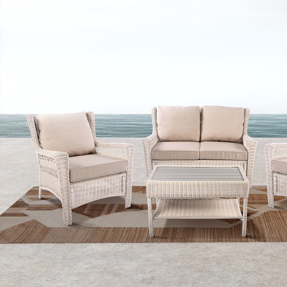 Krikacy Double Layer Wicker Coffee Table,All-Weather HDPE Hand-Woven Table,for Patio Lawn,Beige