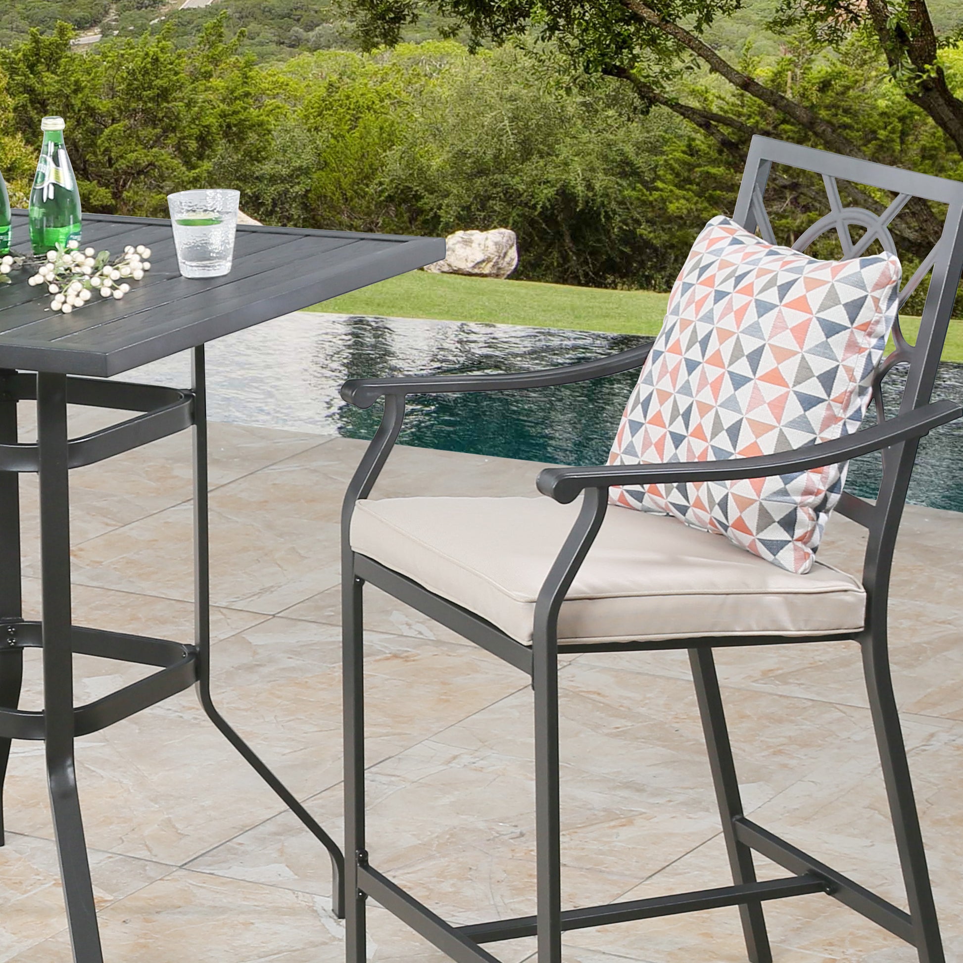 Ulax Furniture Outdoor Bar Stools Metal Patio Counter Height Bar Stool Chairs with Beige Cushion, Set of 2