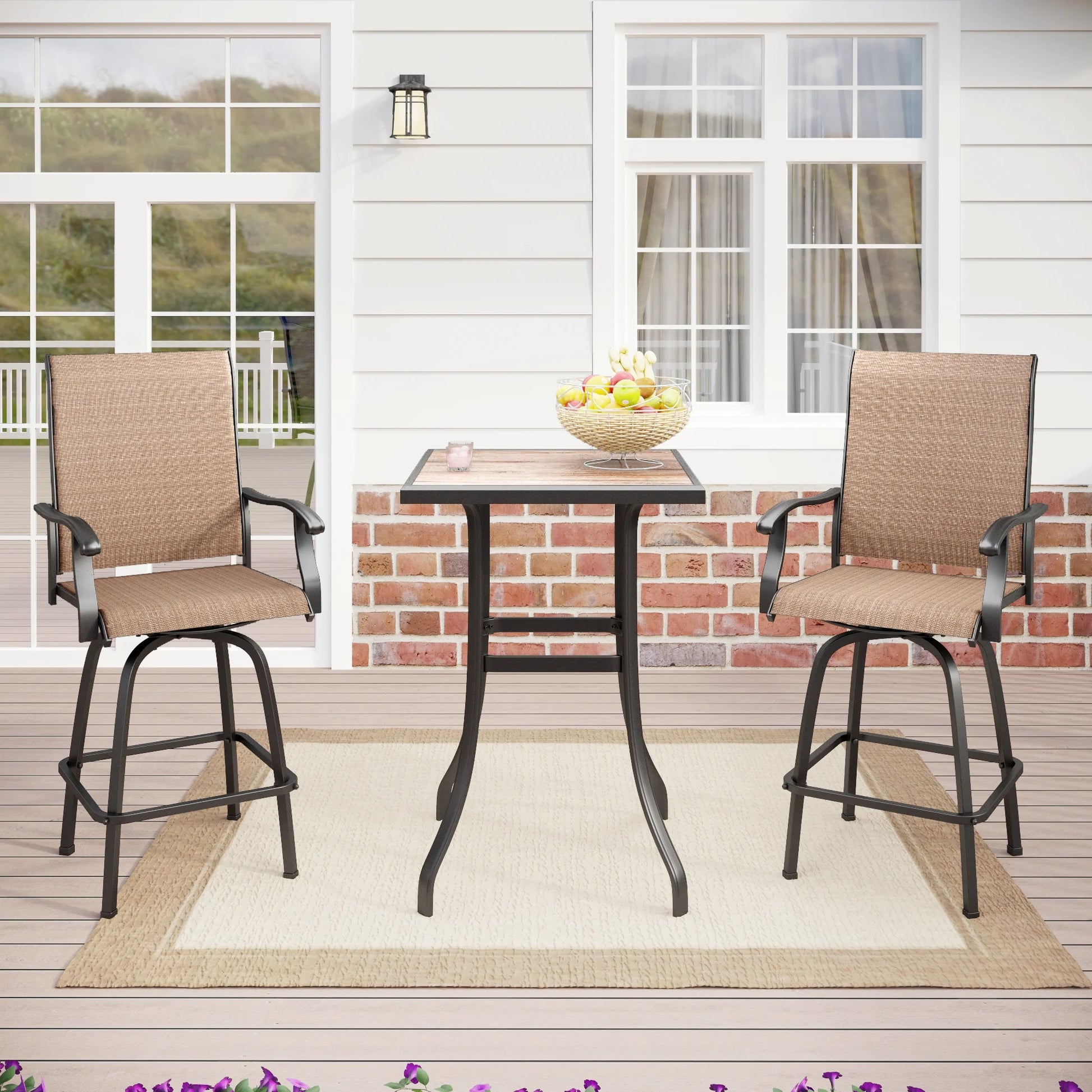 Summit Living 2-Piece High Top Outdoor Swivel Bar Stools, Patio Metal Frame Counter Height Chairs with Quick-Dry Textilene, Black & Brown
