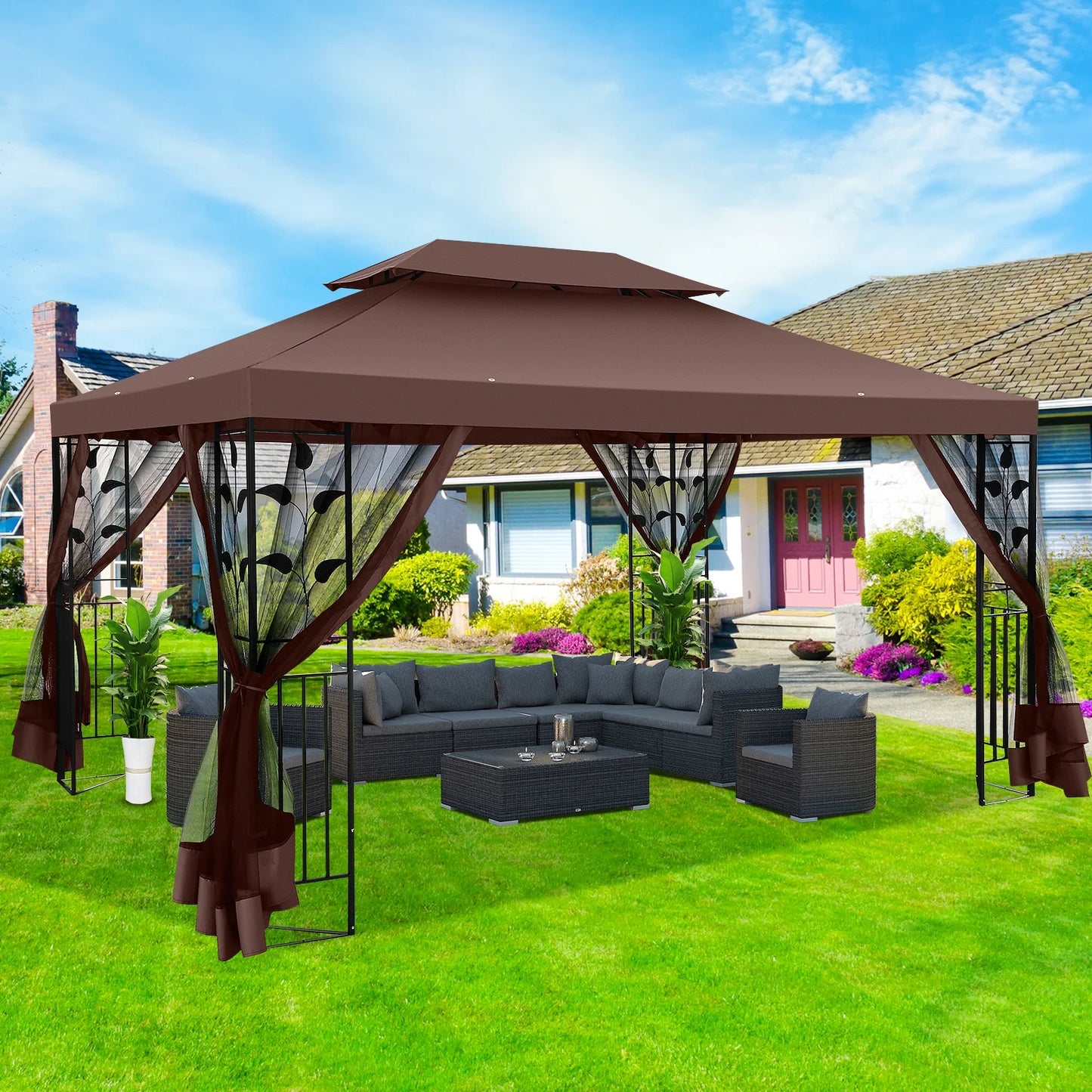 SANOPY 10'x13.3' Metal Patio Gazebo, Outdoor Gazebo Canopy Tent for Backyard with Mesh Curtains, Gazebos Shelter with Display Shelves, Steel Frame, Patio Covers for Tailgate