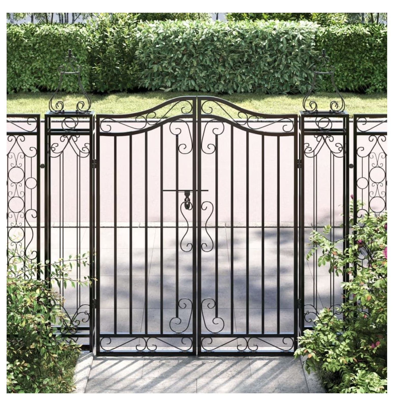 Wrought Iron Garden Gate - 47.6" Black Ornamental Fence Gate with Posts - Outdoor Entryway for Yard, Patio, and Garden - Lockable & Durable