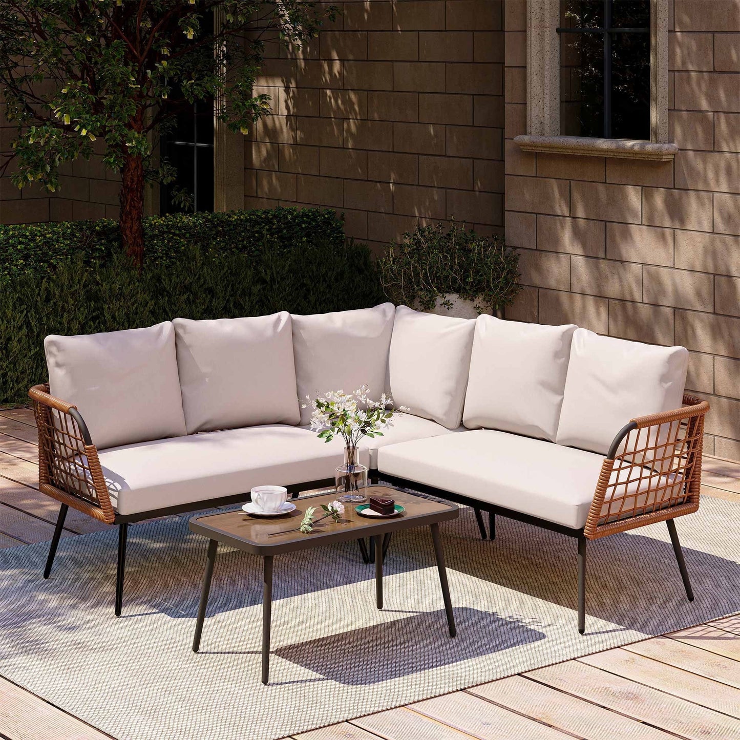 LAUSAINT HOME 4 Pieces Outdoor Conversation Sets, Patio Metal Frame Sofa with Wood Loveseat and Coffee Table, Beige Cushions