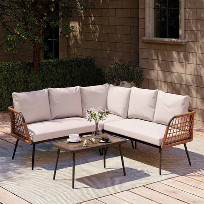 LAUSAINT HOME 4 Pieces Outdoor Conversation Sets, Patio Metal Frame Sofa with Wood Loveseat and Coffee Table, Beige Cushions