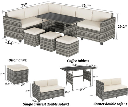 Bifanuo 7 Piece Patio Furniture Set, Outdoor Furniture Patio Sectional Sofa, All Weather PE Rattan Outdoor Sectional with Beige Cushions and Table, Black Wicker