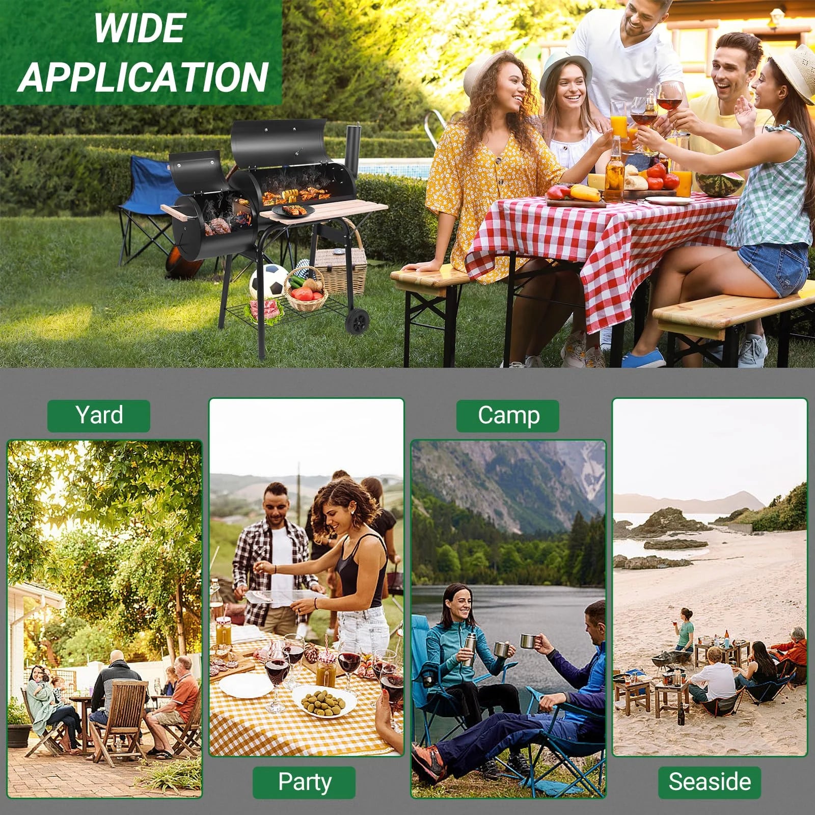 Charcoal Grill and Offset Smoker, Outdoor Patio Barbecue Cooker with Wheels, Portable Backyard BBQ Oven with Side Fire Box for Camping, Picnic, Party