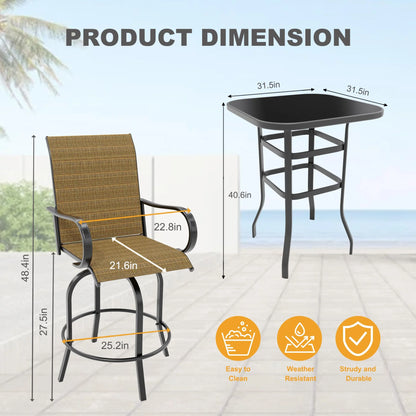 Riedhoff 3-Piece Patio Bar Set with 2 Swivel Chairs & Glass Table,All-Weather,Textile Fabric,Gold