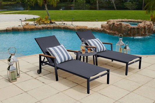 Milan 3-Piece Aluminum Outdoor Patio Furniture Chaise Lounge Chair Set in Charcoal w/Two Chaise Lounge Chairs and Side Table