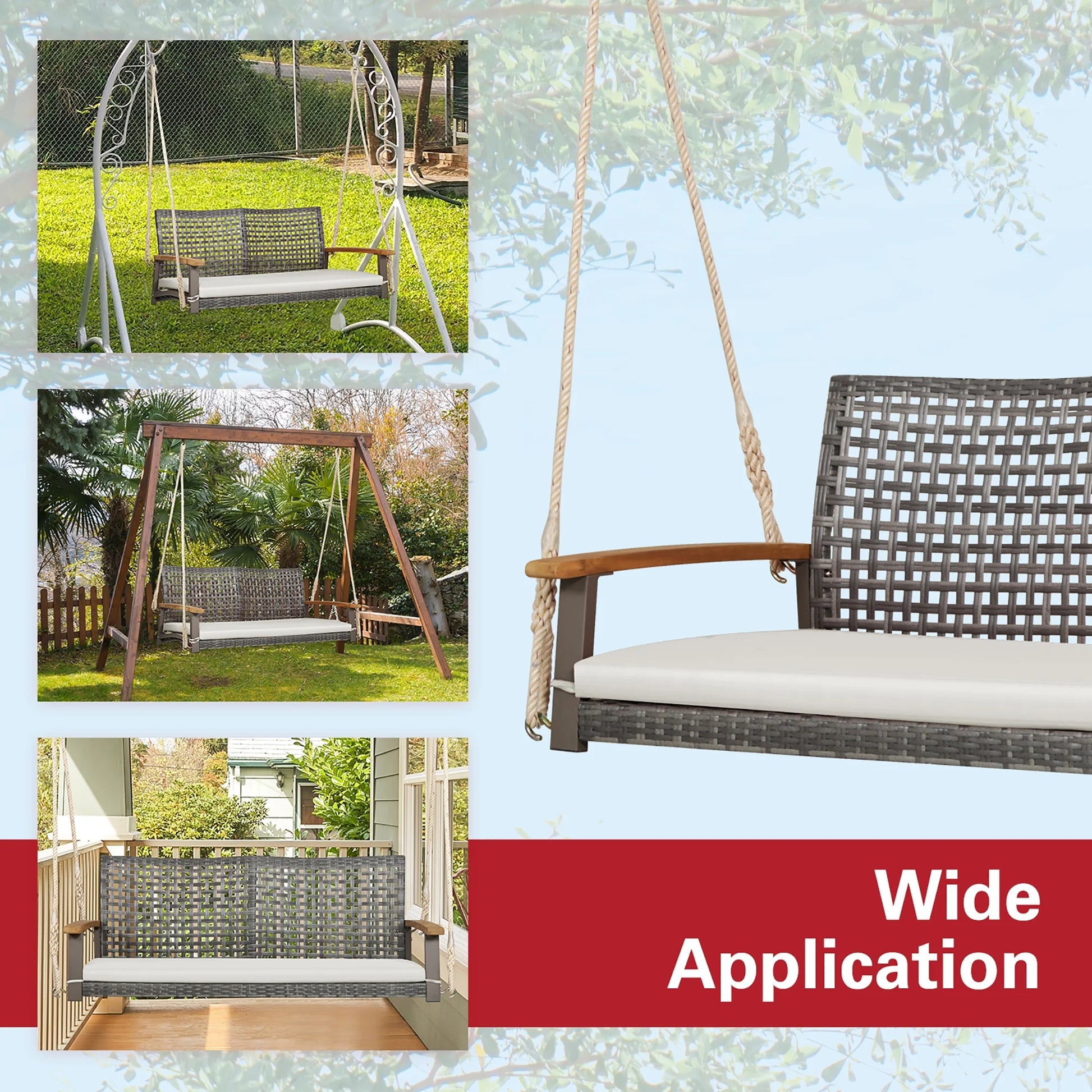 Gymax Rattan Patio Porch Swing 2-Person Cushioned Swing Chair Bench w/Hanging Ropes Off White