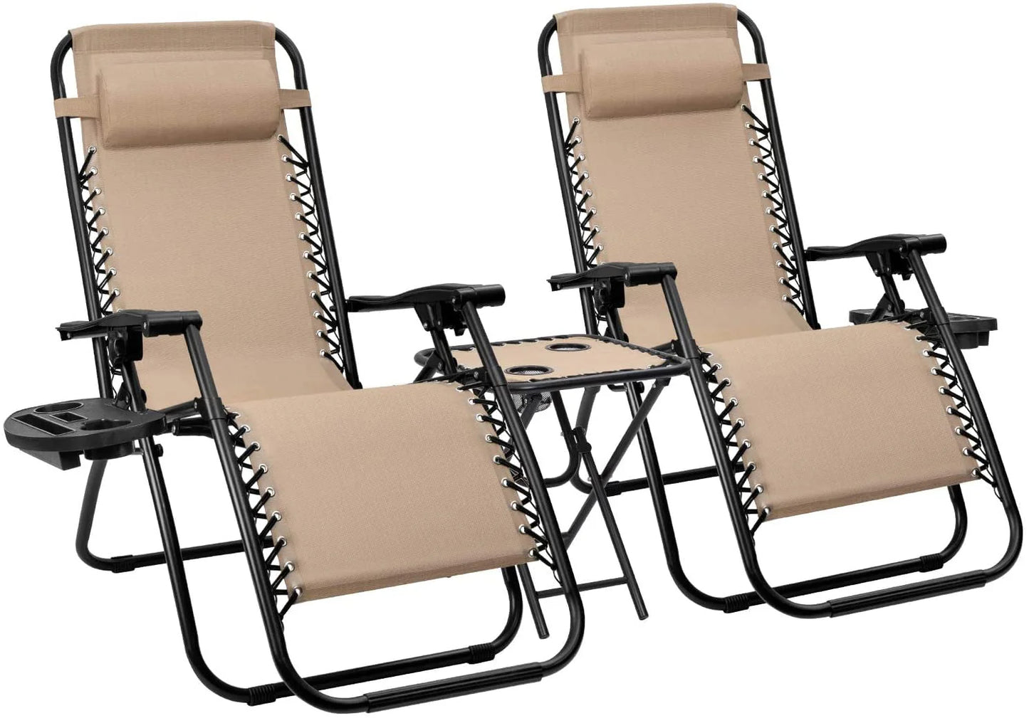 Vineego 3 Pieces Zero Gravity Chair Patio Foldable Chaise Lounge Chairs 2 Beach Chairs and Table with Cup Holders,Beige