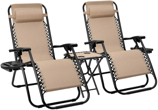 Vineego 3 Pieces Zero Gravity Chair Patio Foldable Chaise Lounge Chairs 2 Beach Chairs and Table with Cup Holders,Beige