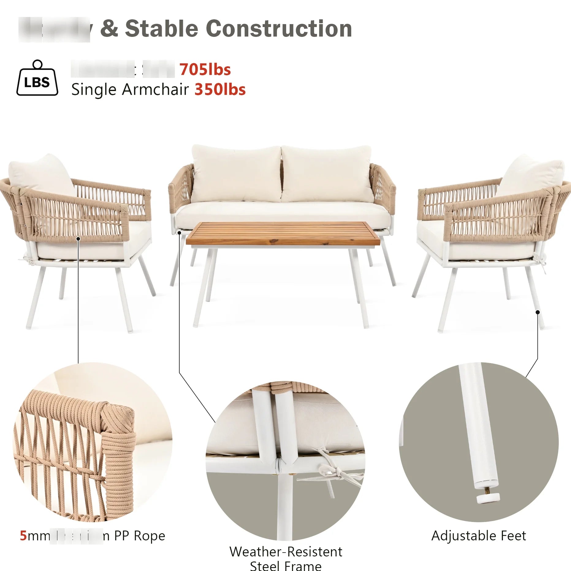 Outdoor Furniture With Thick Cushions & Wood Frame - Beige Rope Patio Fade- Exotic