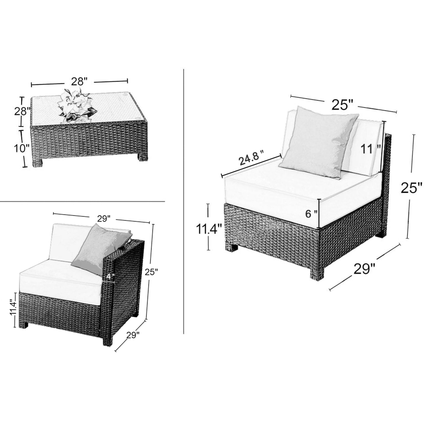 Mcombo Aluminum Outdoor Patio Furniture Sectional Set Black Wicker Sofa All-weather Resin Rattan Conversation Chair with Cushions 6080-1007 Cw