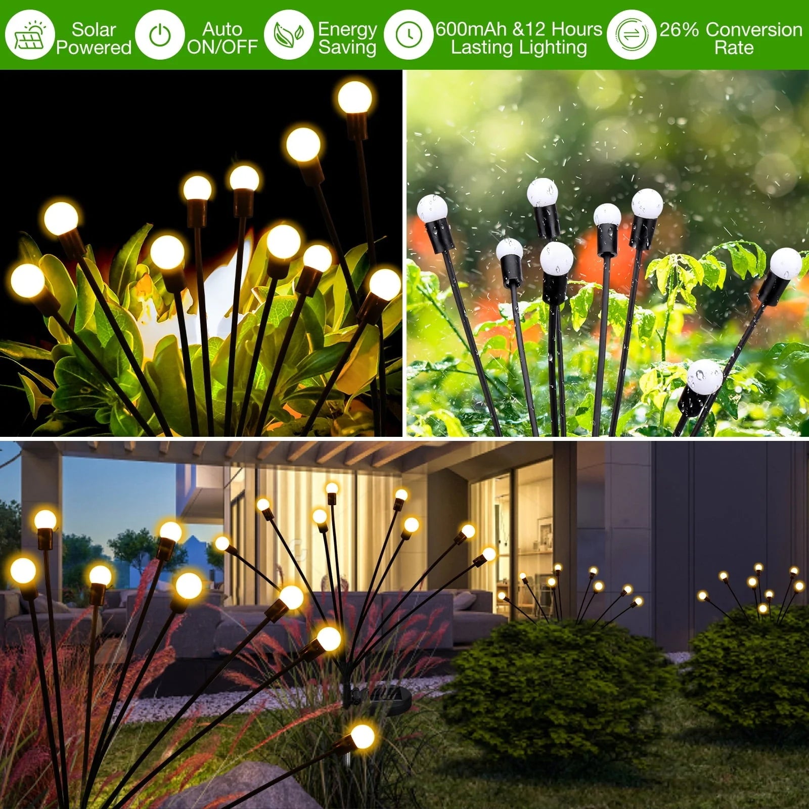 ThorFire 4pcs Solar Garden Lights 8 Head 2 Modes IP65 Waterproof Landscape Lighting Solar Powered Wind-Driven Swing Warm Light for Patio Pathway Yard Walkway