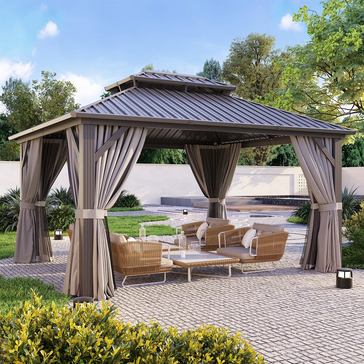 Clouddwell 10' x 12' Gazebo for Patio, Gazebo Pergola with Sloped Roof, Large Wall-Mounted Heavy Duty Awnings, for Deck, Patio and Backyard