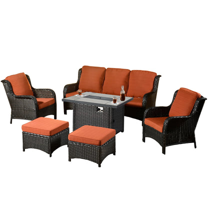 Ovios 6 Pieces Outdoor Furniture with CSA Fire Pit Wicker Patio Conversation Set All Weather Sectional Sofa for Porch