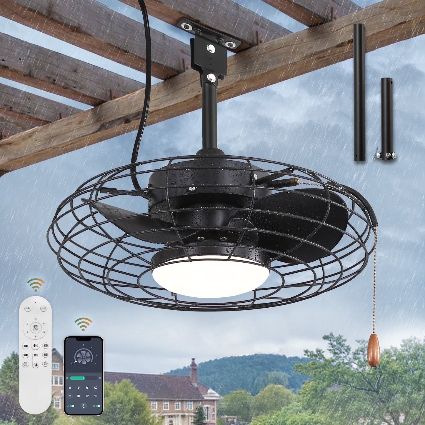 Zardon 20" Outdoor Ceiling Fan with Light and Remote, 7 Blades Caged Waterproof Gazebo Fan for Patio, Porch, Pergola Canopy, App Control