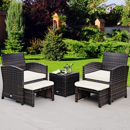 Costway 5PCS Patio Rattan Wicker Furniture Set Sofa Ottoman W/Cushions White