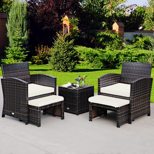 Costway 5PCS Patio Rattan Wicker Furniture Set Sofa Ottoman W/Cushions White