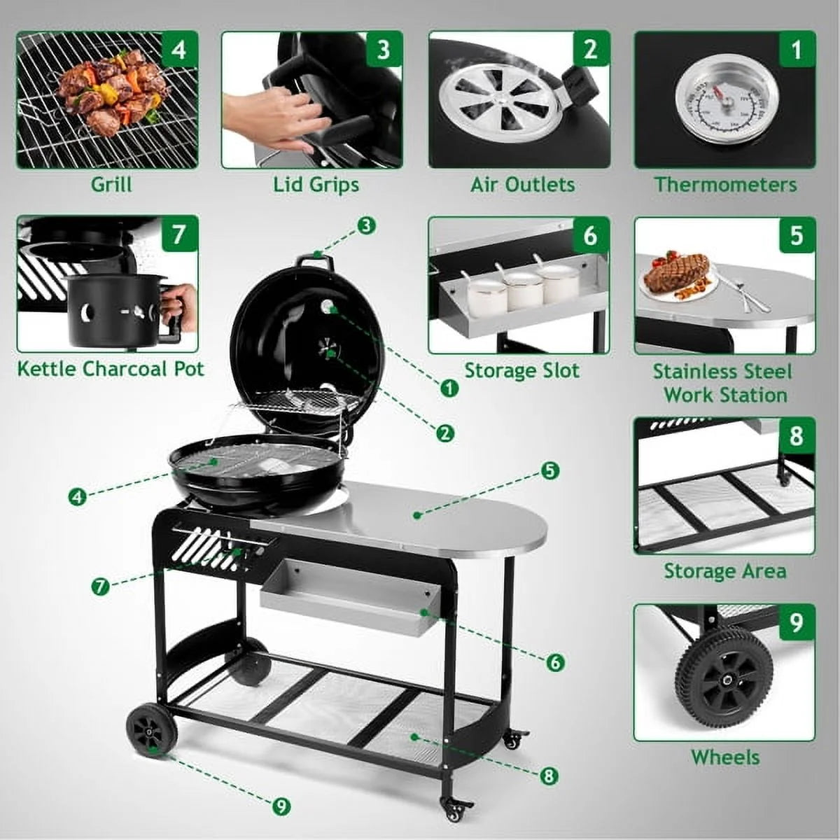 Clearance Enyopro Charcoal Grill! Portable BBQ Charcoal Grill with Porcelain-Enameled Lid and Thermometer for patio, pool, Backyard and camping