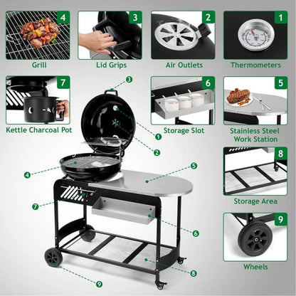 Clearance Enyopro Charcoal Grill! Portable BBQ Charcoal Grill with Porcelain-Enameled Lid and Thermometer for patio, pool, Backyard and camping