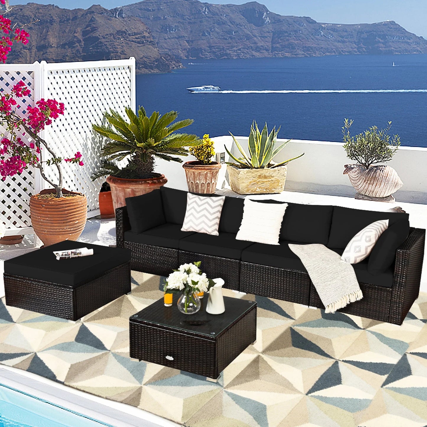 Gymax 6PCS Rattan Patio Sectional Sofa Set Outdoor Furniture Set w/Black Cushions