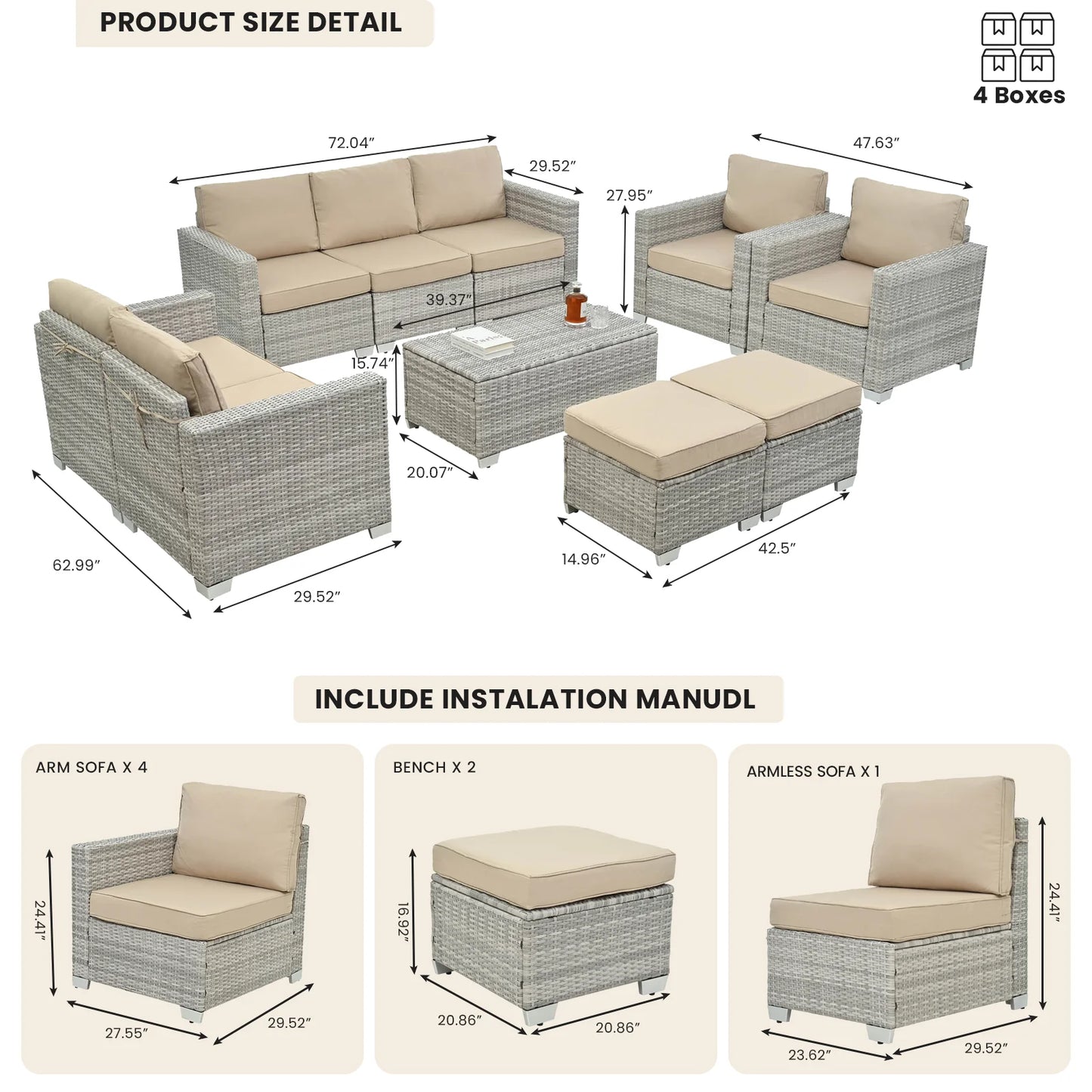 10 Pieces Patio Furniture Sets Outdoor,Manual Weaving Wicker Rattan Sectional Sofa Patio Conversation Sets with Cushions & Coffee Table with Hidden Storage for Outside, Balcony, Porch