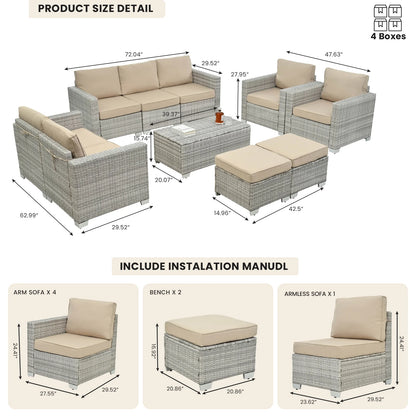 10 Pieces Patio Furniture Sets Outdoor,Manual Weaving Wicker Rattan Sectional Sofa Patio Conversation Sets with Cushions & Coffee Table with Hidden Storage for Outside, Balcony, Porch