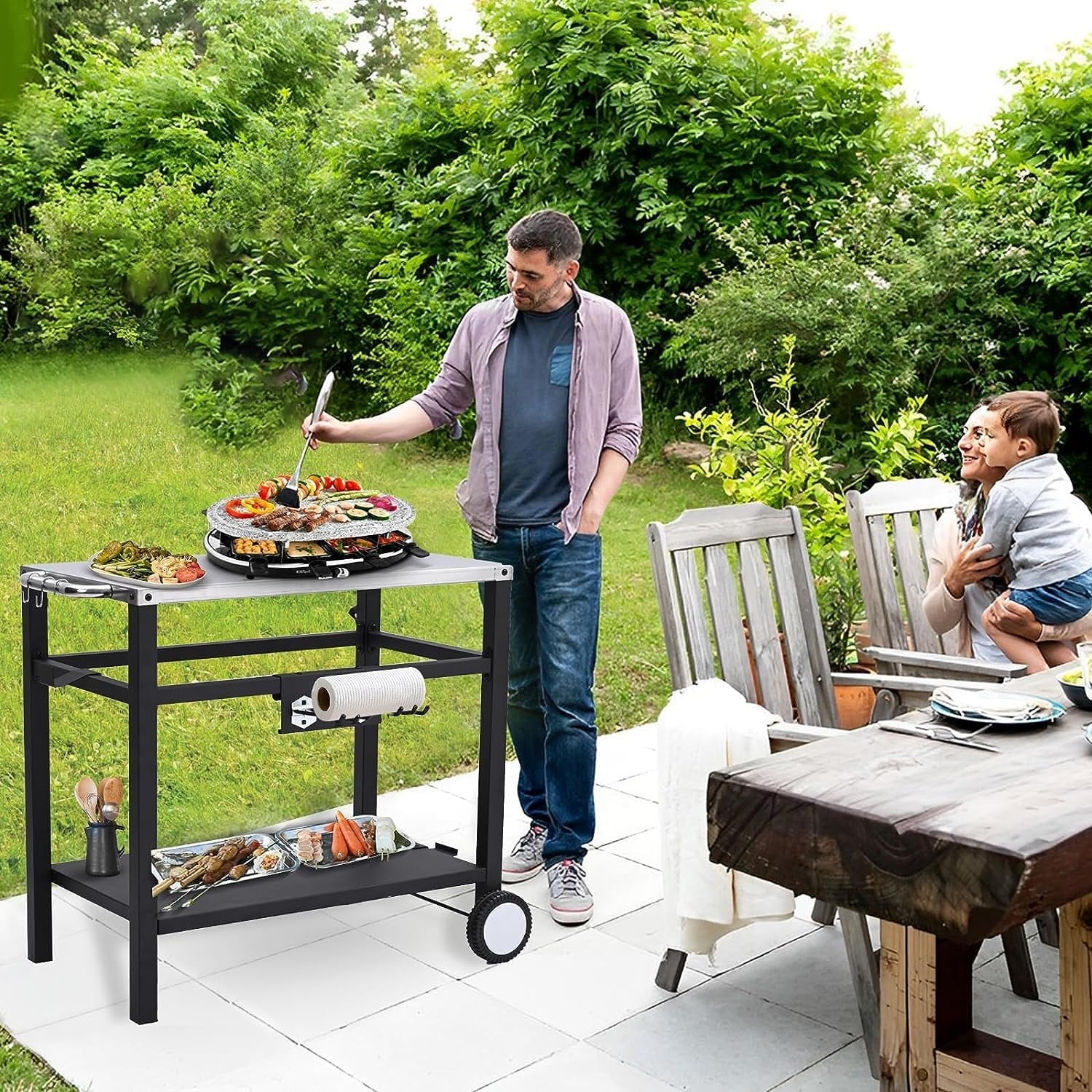 Outdoor Grill Cart Pizza Oven Stand, Stainless Steel Flattop Grill Cart, BBQ Prep Table with Wheels & Hooks, Side Handle, Tabletop Griddle Cooking Station for Bar, Patio, Camping, Home