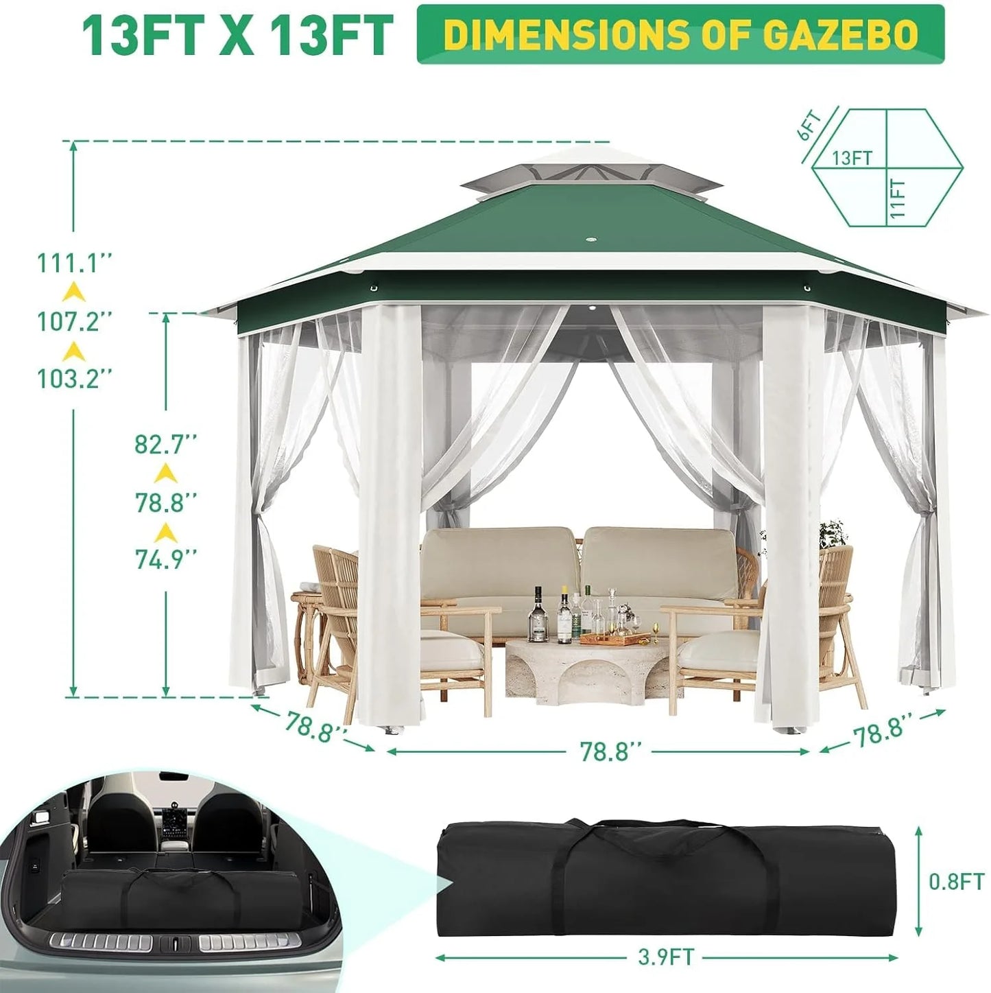 13x13 Gazebo Outdoor Canopy Shelter,Instant Patio Gazebo Sun Shade Canopy Tent with 6 Zippered Mesh Netting and Strong Steel Frame for Lawn,Garden,Backyard,Deck Party