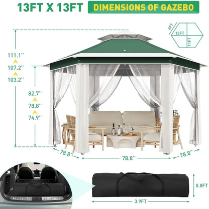 13x13 Gazebo Outdoor Canopy Shelter,Instant Patio Gazebo Sun Shade Canopy Tent with 6 Zippered Mesh Netting and Strong Steel Frame for Lawn,Garden,Backyard,Deck Party