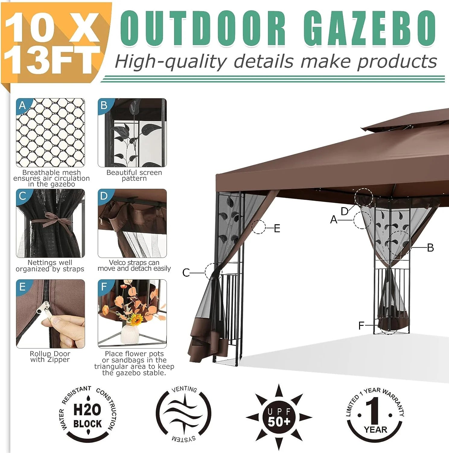 COBIZI Pop-up Gazebo, 10' x 13' Outdoor Steel Double Roof Canopy, Metal Frame Pavilion with Mosquito Netting, Sunshade for Garden, Patio, Lawns, Brown