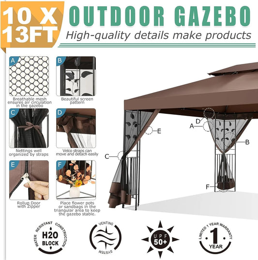 COBIZI Pop-up Gazebo, 10' x 13' Outdoor Steel Double Roof Canopy, Metal Frame Pavilion with Mosquito Netting, Sunshade for Garden, Patio, Lawns, Brown