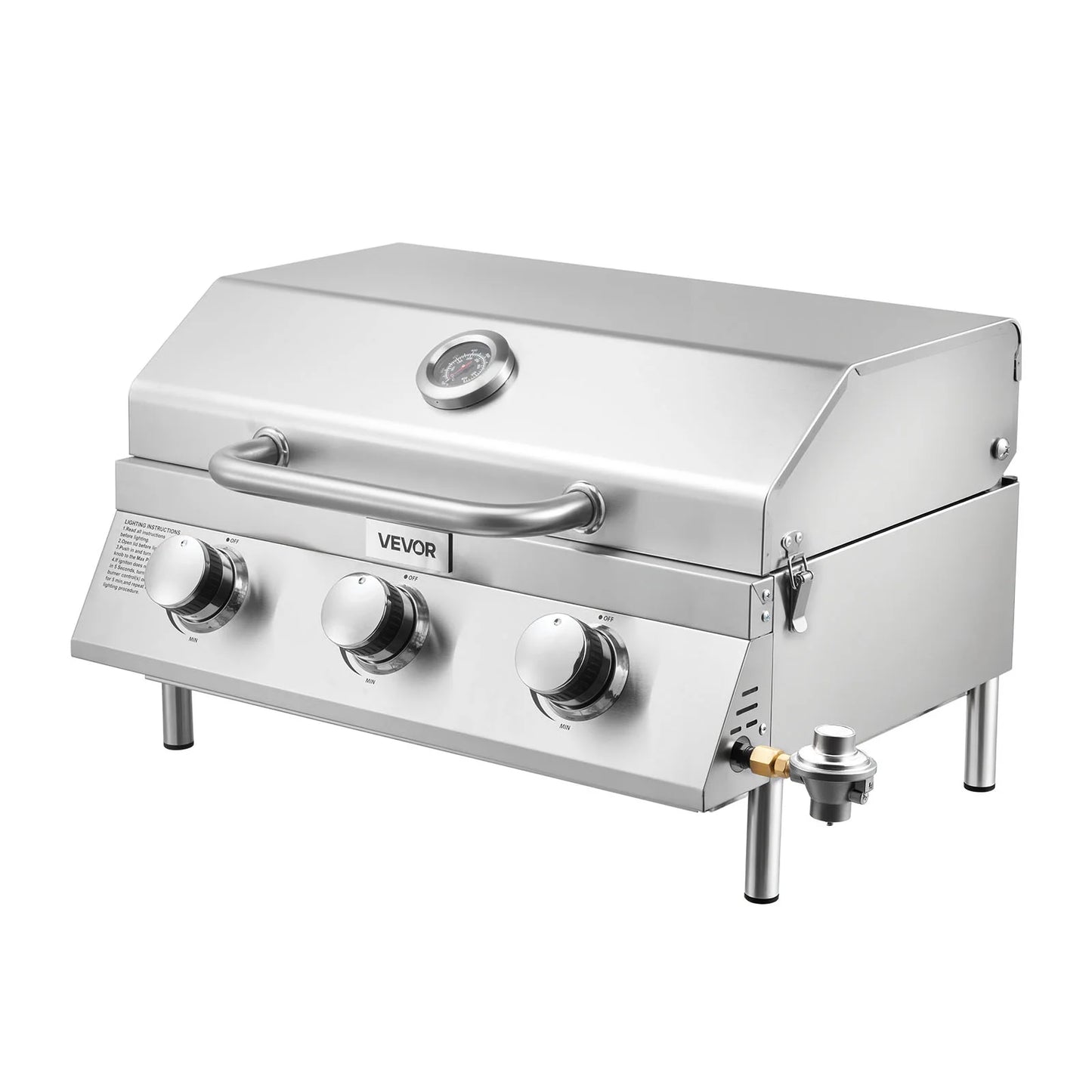 VEVOR Tabletop Gas Grill, 3-Burner Stainless Steel Portable Propane Grill, with Built-in Thermometer, Travel Locks, Weatherproof Lid, 22,500 BTU Total, for Outdoor Cooking,Patio,Party,Camping,RV