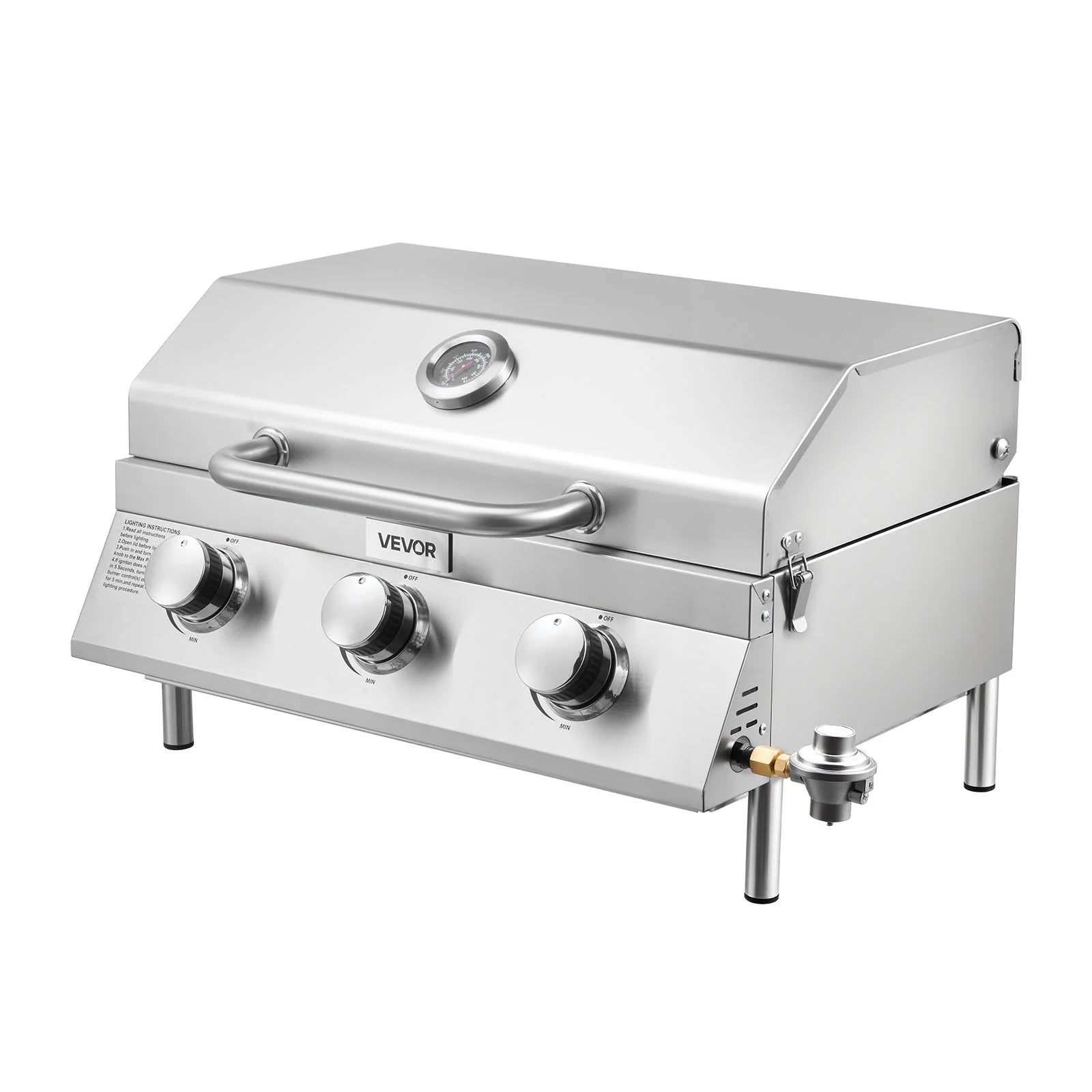 VEVOR Tabletop Gas Grill, 3-Burner Stainless Steel Portable Propane Grill, with Built-in Thermometer, Travel Locks, Weatherproof Lid, 22,500 BTU Total, for Outdoor Cooking,Patio,Party,Camping,RV
